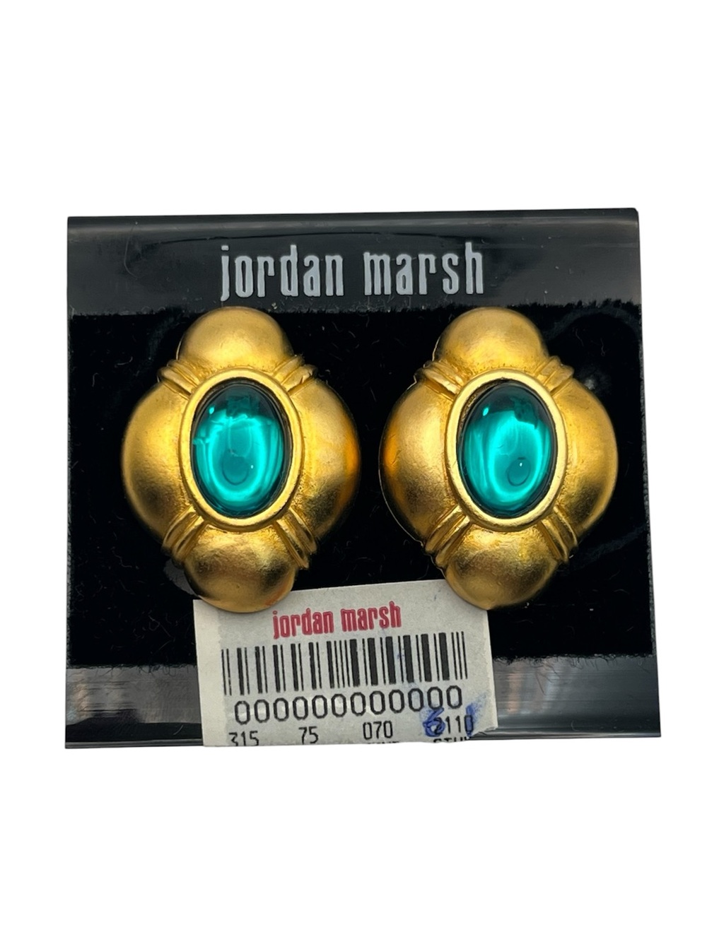 Jordan Marsh emerald green colored cabochon matte gold tone clip on earrings
